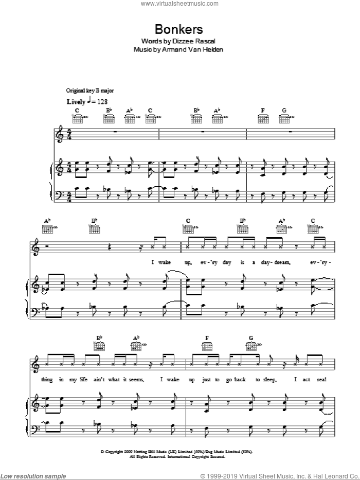 Bonkers sheet music for voice, piano or guitar by Dizzee Rascal featuring Calvin Harris & Chrome, Dizzee Rascal, Armand Van Helden and Dylan Mills, intermediate skill level