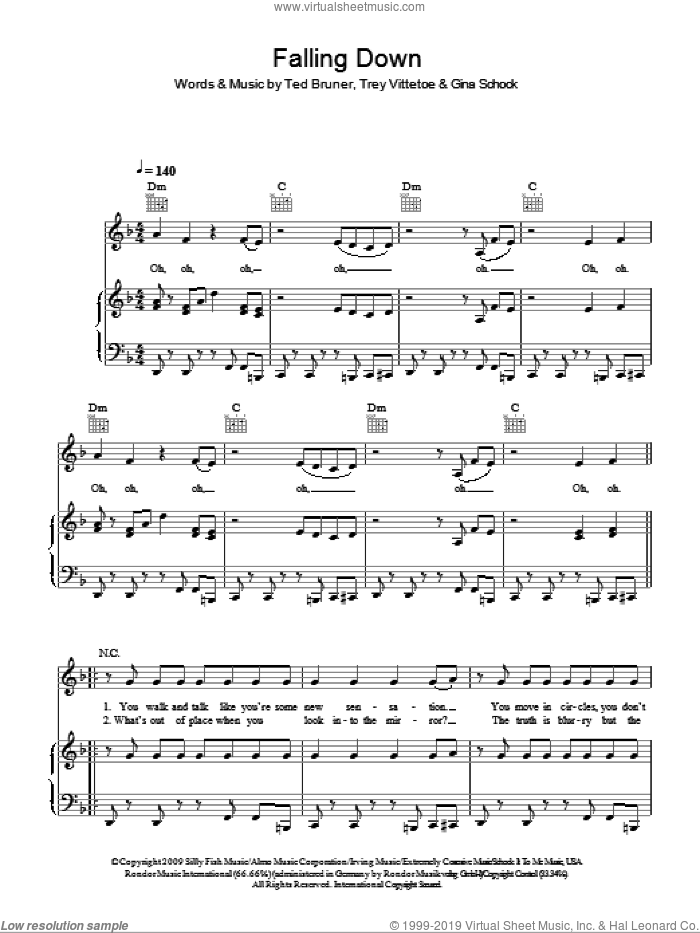 Falling Down sheet music for voice, piano or guitar by Ted Bruner, Selena Gomez, Gina Schock and Trey Vittetoe, intermediate skill level