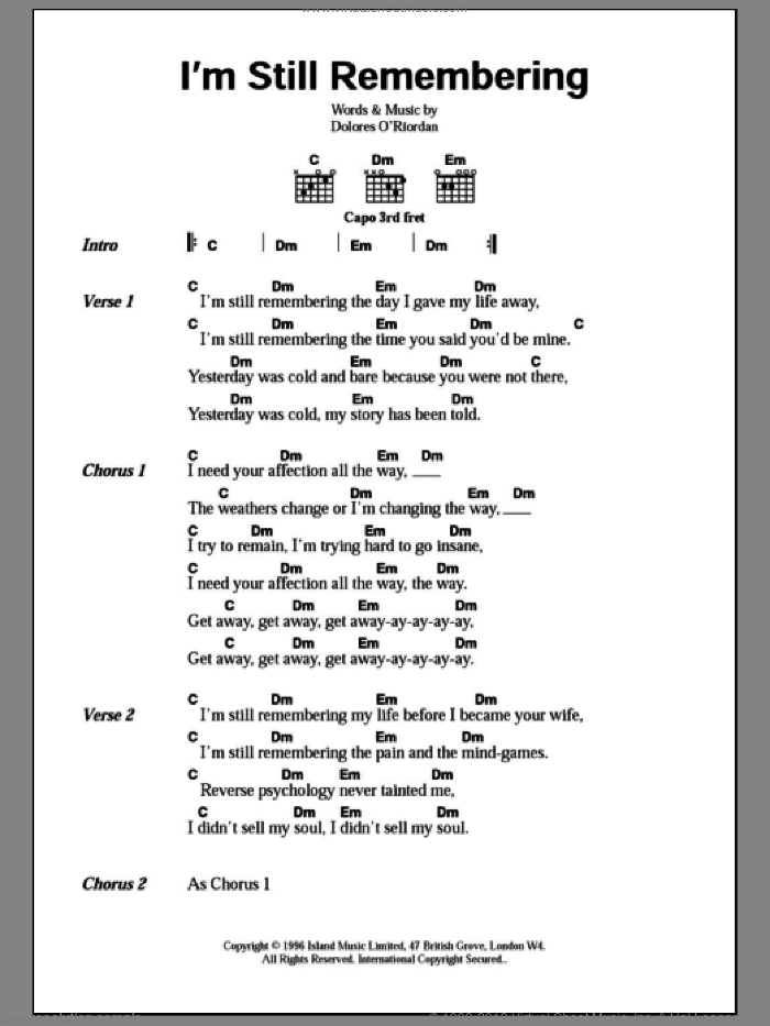 I'm Still Remembering sheet music for guitar (chords) by The Cranberries, intermediate skill level