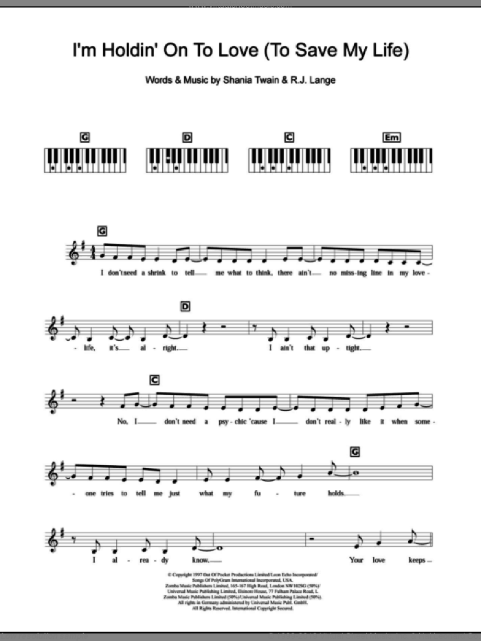I'm Holdin' On To Love (To Save My Life) sheet music for piano solo (chords, lyrics, melody) by Shania Twain and Robert John Lange, intermediate piano (chords, lyrics, melody)