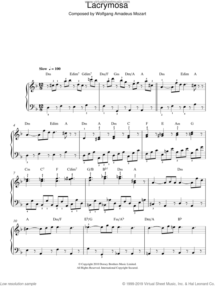 Lacrymosa (from Requiem Mass) sheet music for piano solo by Wolfgang Amadeus Mozart, classical score, easy skill level