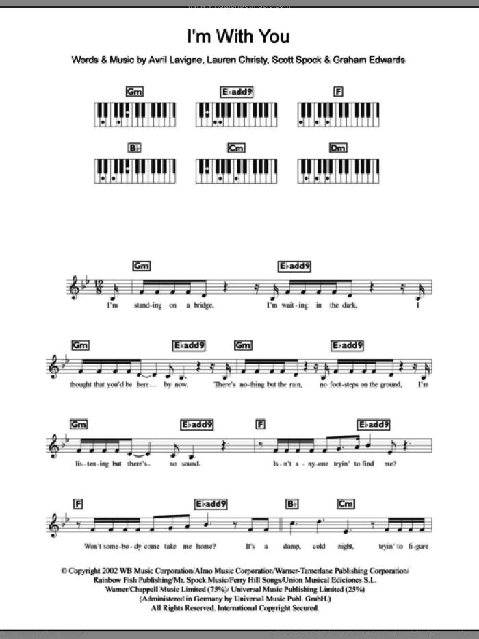I'm With You sheet music for piano solo (chords, lyrics, melody) by Avril Lavigne, Graham Edwards, Lauren Christy and Scott Spock, intermediate piano (chords, lyrics, melody)