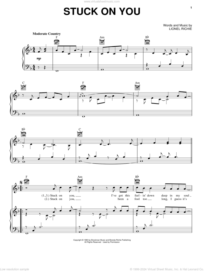 Stuck On You sheet music for voice, piano or guitar by Lionel Richie, wedding score, intermediate skill level