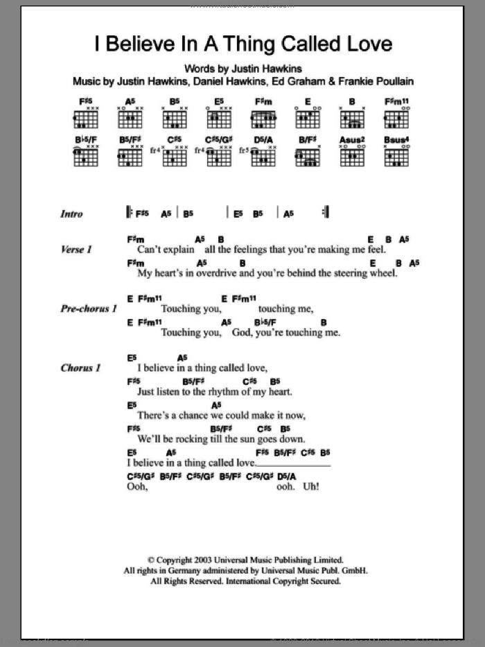 I Believe In A Thing Called Love sheet music for guitar (chords) by The Darkness, Daniel Hawkins, Ed Graham, Frankie Poullain and Justin Hawkins, intermediate skill level