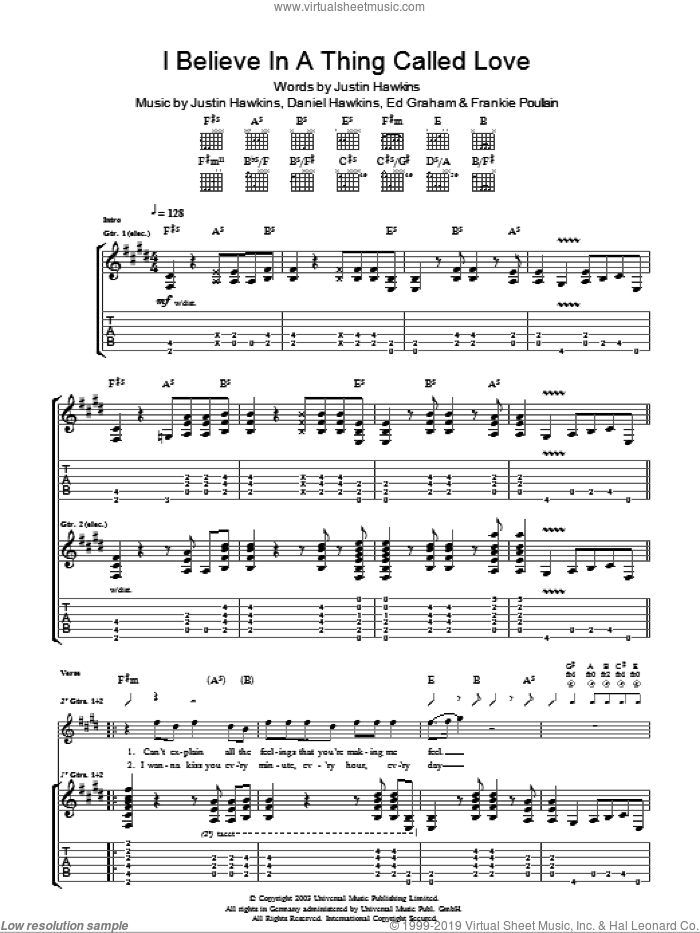 I Believe In A Thing Called Love sheet music for guitar (tablature) by The Darkness, Daniel Hawkins, Ed Graham, Frankie Poullain and Justin Hawkins, intermediate skill level
