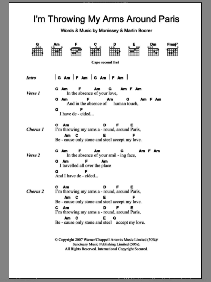 I'm Throwing My Arms Around Paris sheet music for guitar (chords) by Steven Morrissey and Martin Boorer, intermediate skill level