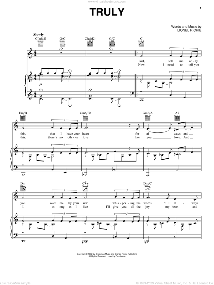 Truly sheet music for voice, piano or guitar by Lionel Richie, wedding score, intermediate skill level