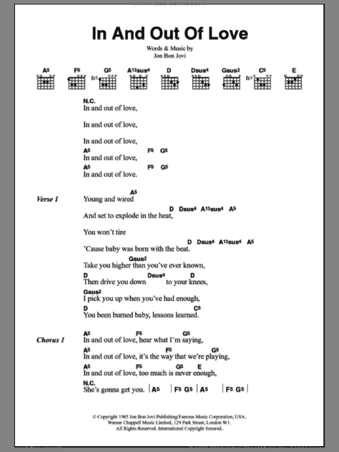 In And Out Of Love sheet music for guitar (chords) by Bon Jovi, intermediate skill level