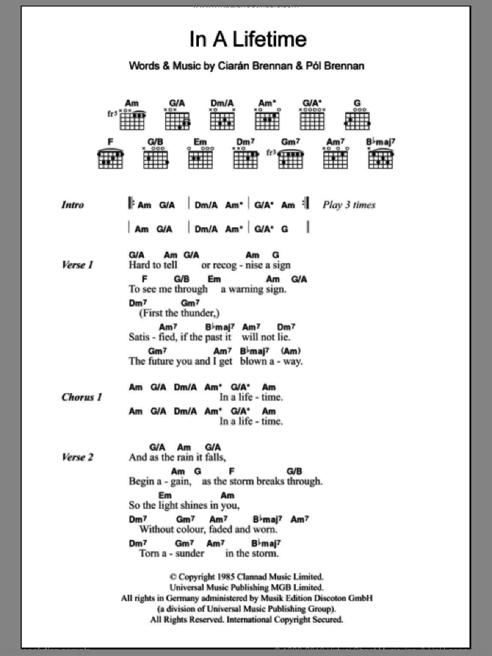 In A Lifetime sheet music for guitar (chords) by Clannad, Ciaran Brennan and Pol Brennan, intermediate skill level