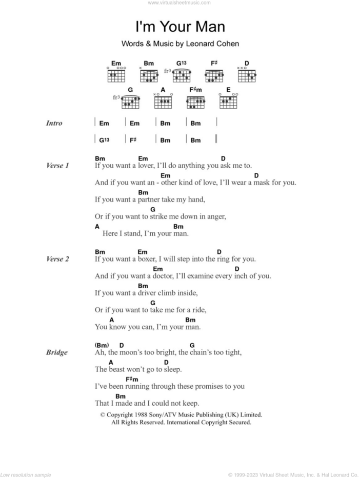 I'm Your Man sheet music for guitar (chords) by Leonard Cohen, intermediate skill level