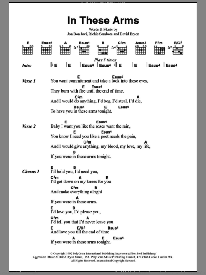 In These Arms sheet music for guitar (chords) by Bon Jovi, David Bryan and Richie Sambora, intermediate skill level