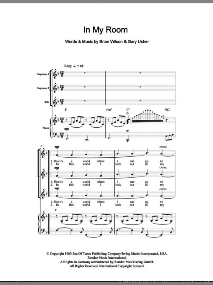 In My Room sheet music for choir (SSA: soprano, alto) by The Beach Boys, Brian Wilson and Gary Usher, intermediate skill level