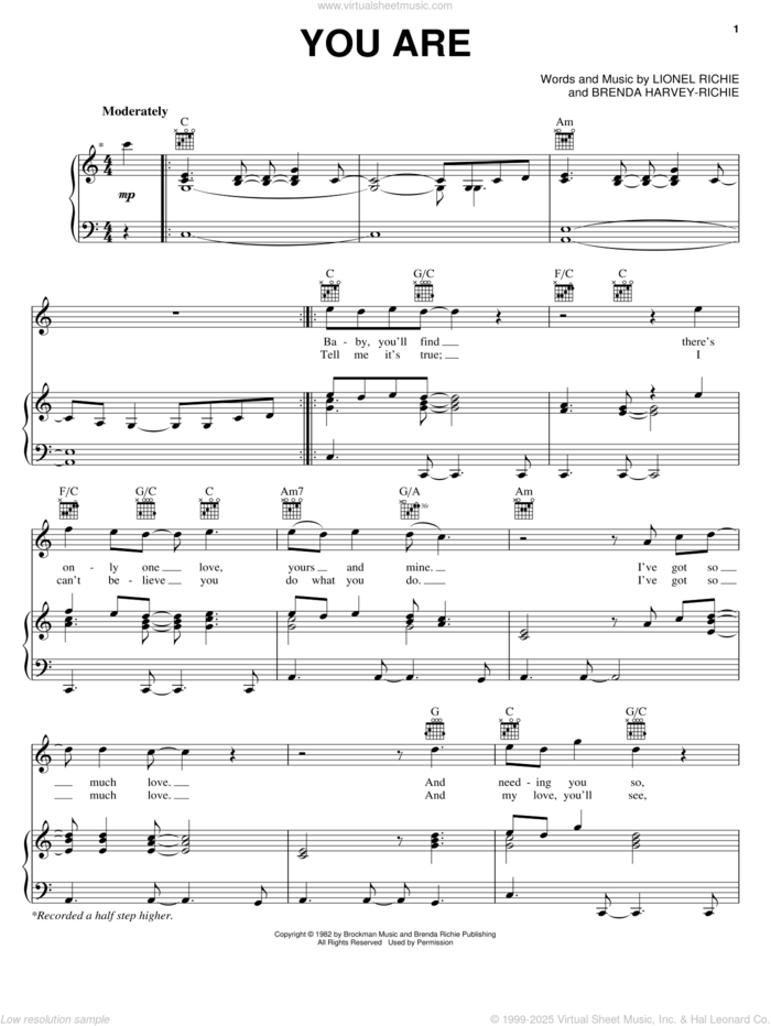 You Are sheet music for voice, piano or guitar by Lionel Richie and Brenda Harvey-Richie, wedding score, intermediate skill level