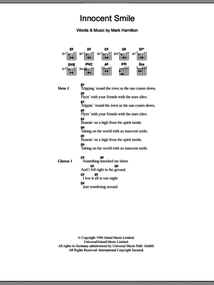 Innocent Smile sheet music for guitar (chords) by Tim Wheeler and Mark Hamilton, intermediate skill level