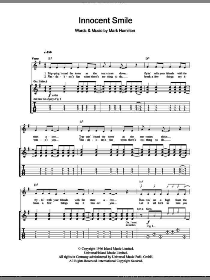 Innocent Smile sheet music for guitar (tablature) by Tim Wheeler and Mark Hamilton, intermediate skill level