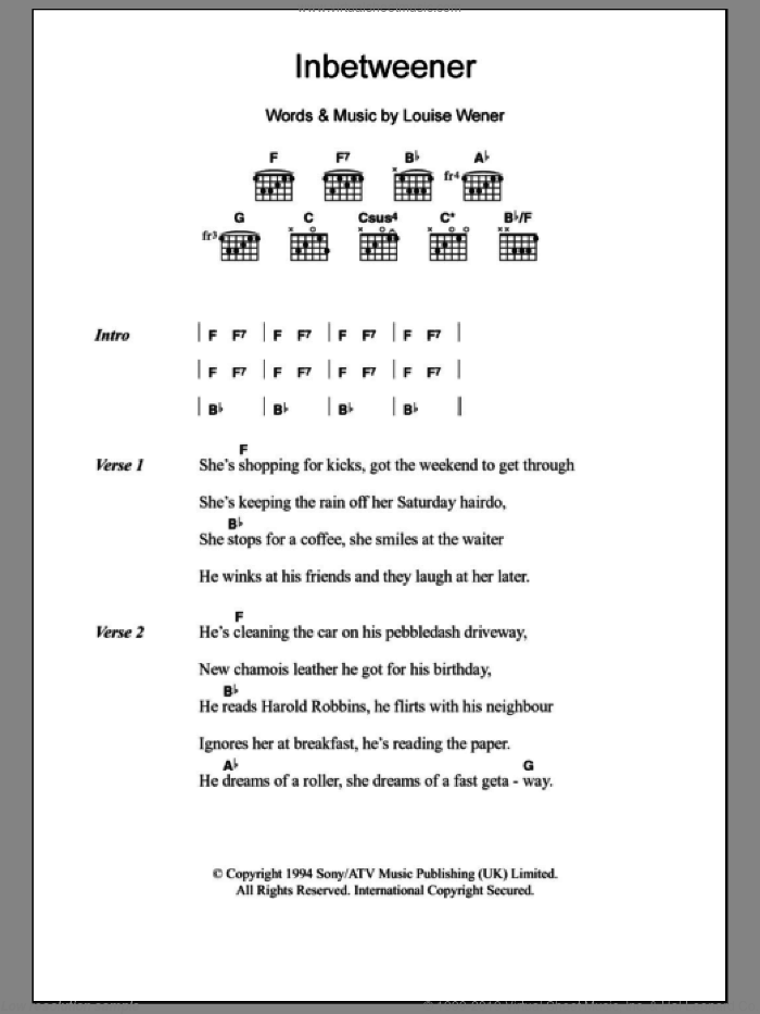 Inbetweener sheet music for guitar (chords) by Sleeper and Louise Wener, intermediate skill level