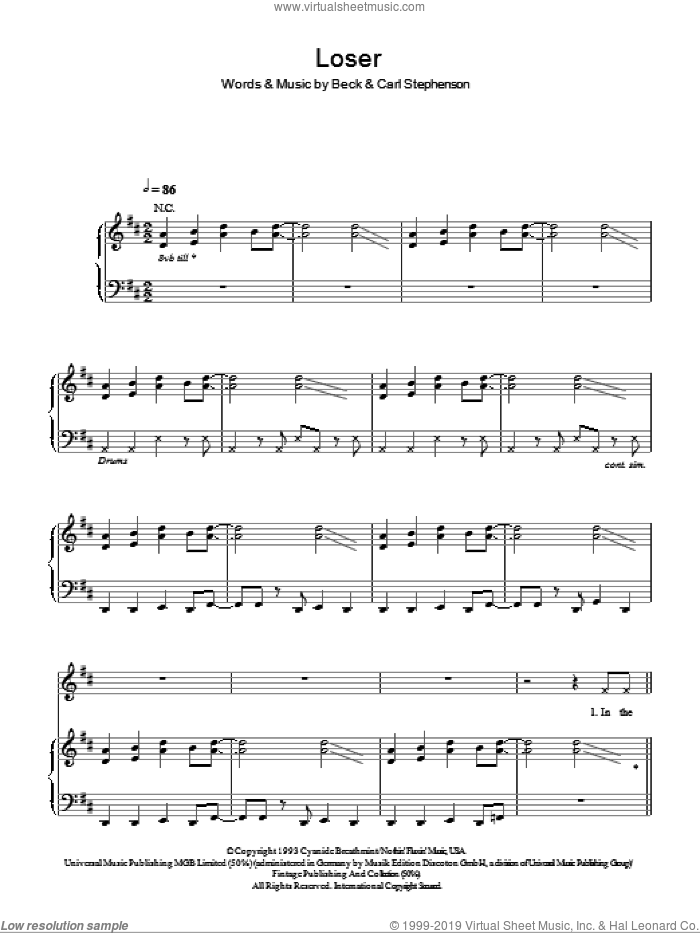 Loser sheet music for voice, piano or guitar by Glee Cast, Beck Hansen and Karl Stephenson, intermediate skill level