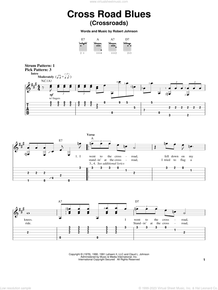 Cross Road Blues (Crossroads) sheet music for guitar solo (easy tablature) by Robert Johnson, Cream and Eric Clapton, easy guitar (easy tablature)