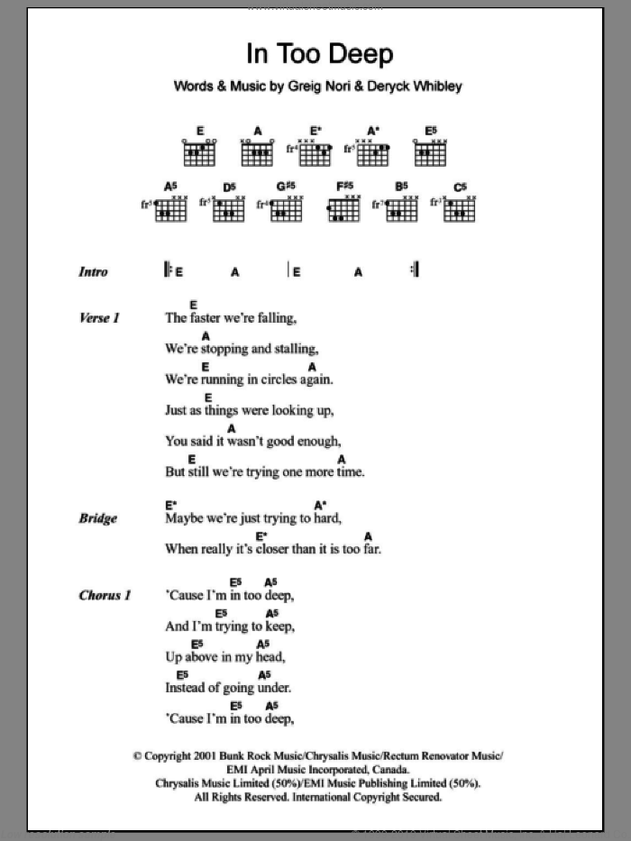 In Too Deep sheet music for guitar (chords) by Sum 41, Deryck Whibley and Greig Nori, intermediate skill level