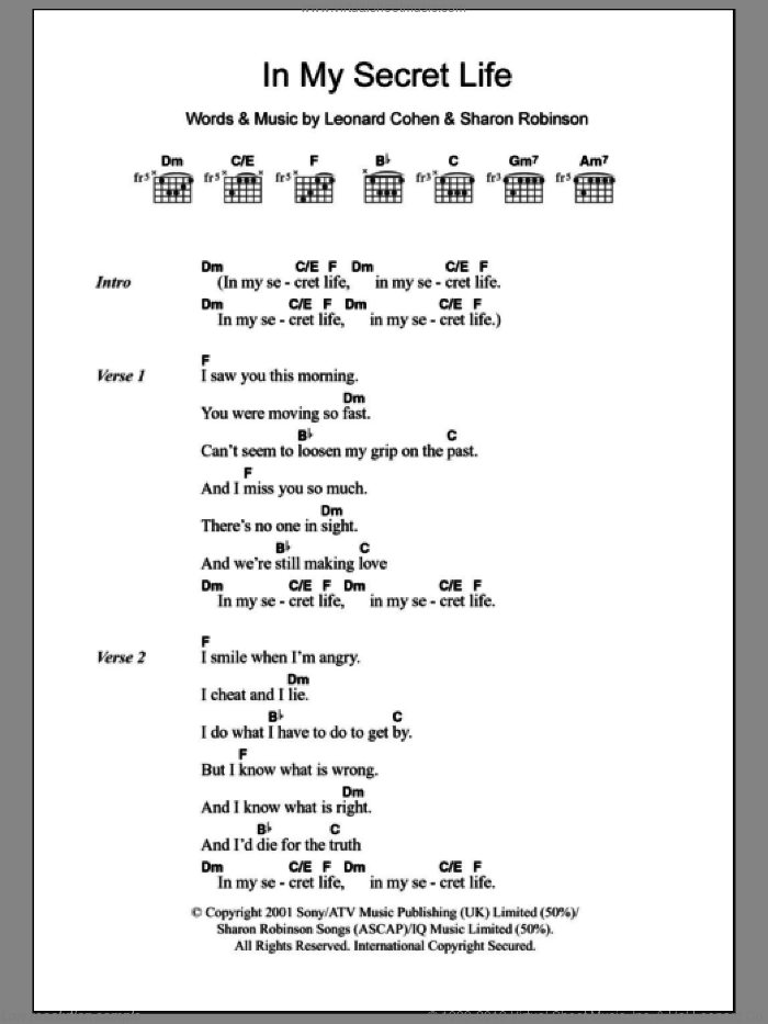 In My Secret Life sheet music for guitar (chords) by Leonard Cohen and Sharon Robinson, intermediate skill level