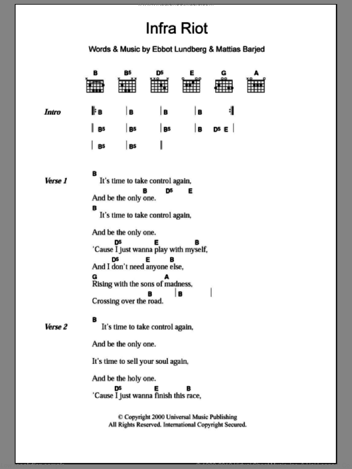 Infra Riot sheet music for guitar (chords) by The Soundtrack Of Our Lives, Ebbot Lundberg and Mattias Barjed, intermediate skill level