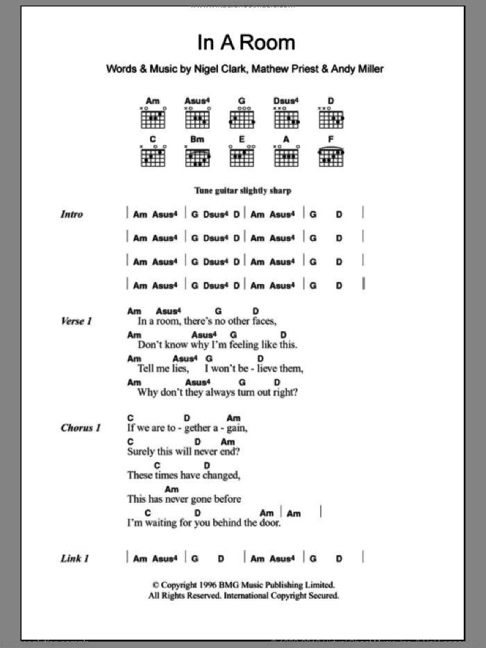 In A Room sheet music for guitar (chords) by Dodgy, Andy Miller, Mathew Priest and Nigel Clark, intermediate skill level