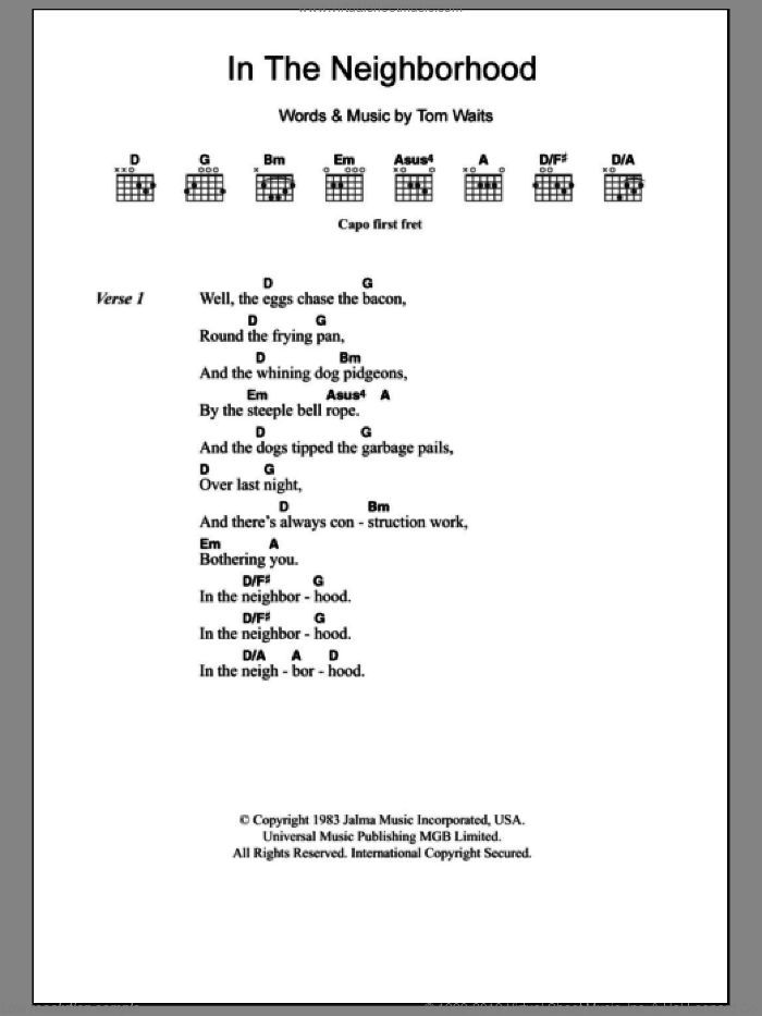 In The Neighborhood sheet music for guitar (chords) by Tom Waits, intermediate skill level