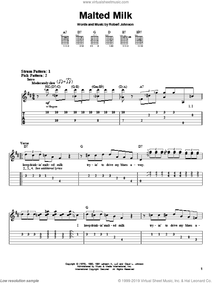 Malted Milk sheet music for guitar solo (easy tablature) by Robert Johnson and Eric Clapton, easy guitar (easy tablature)