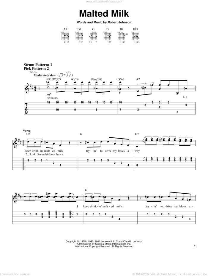 Malted Milk sheet music for guitar solo (easy tablature) by Robert Johnson and Eric Clapton, easy guitar (easy tablature)