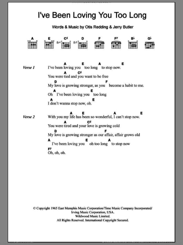 I've Been Loving You Too Long sheet music for guitar (chords) by Otis Redding and Jerry Butler, intermediate skill level