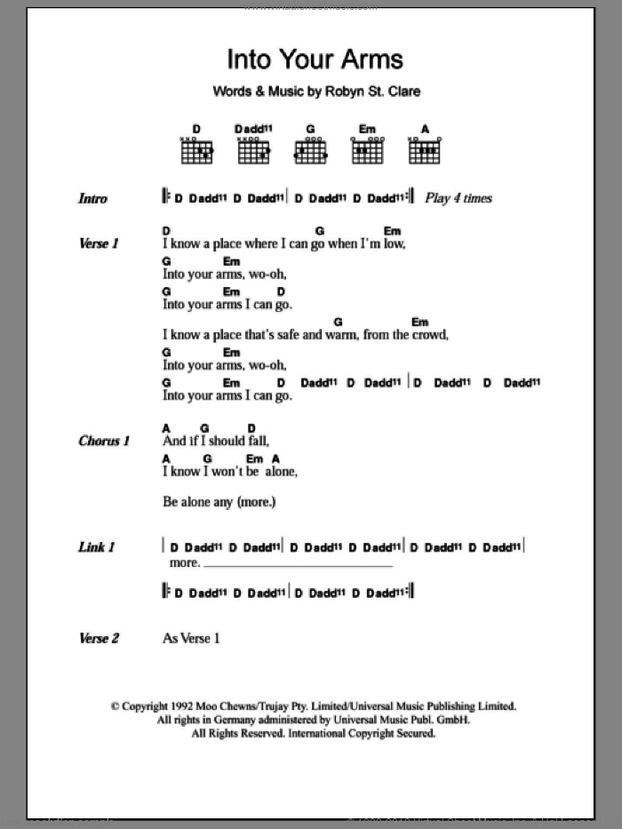 Into Your Arms sheet music for guitar (chords) by Lemonheads and Robyn St. Clare, intermediate skill level