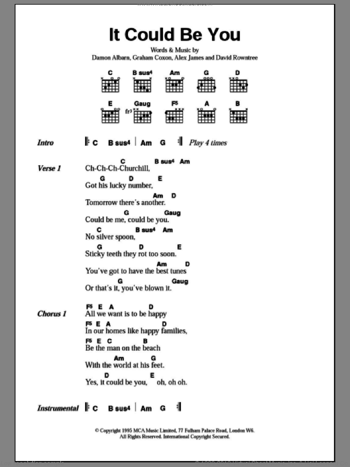 It Could Be You sheet music for guitar (chords) by Blur, Alex James, Damon Albarn, David Rowntree and Graham Coxon, intermediate skill level