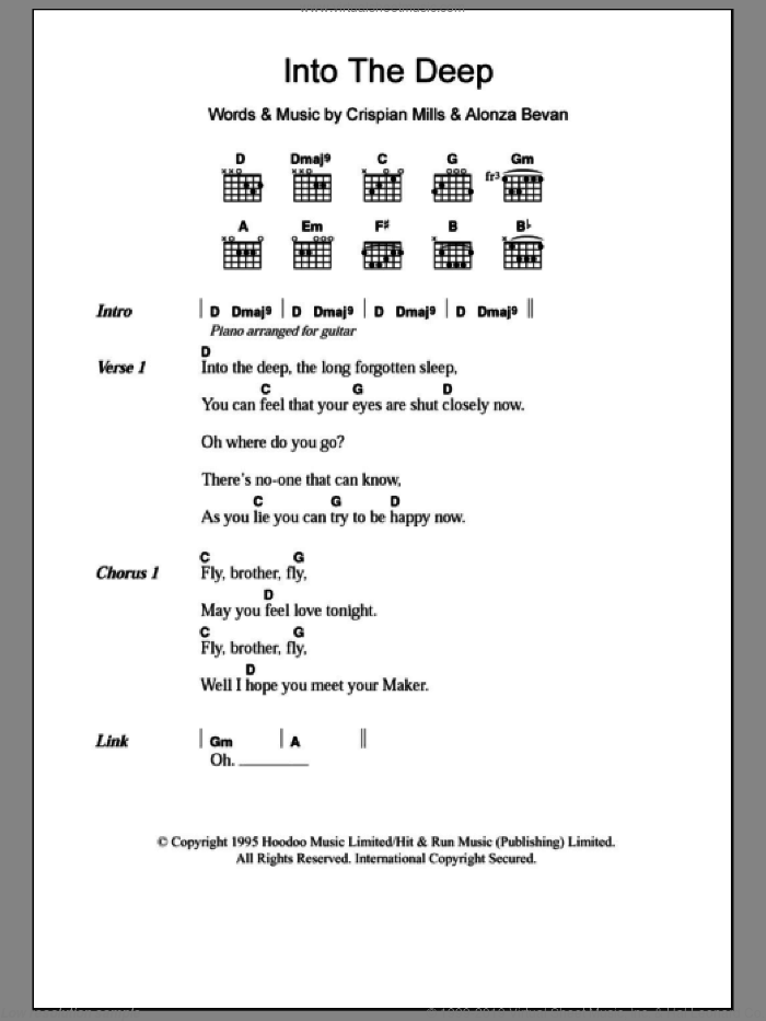 Into The Deep sheet music for guitar (chords) by Kula Shaker, Alonza Bevan and Crispian Mills, intermediate skill level