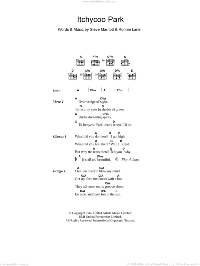 Itchycoo Park sheet music for guitar (chords) by The Small Faces, Ronnie Lane and Steve Marriott, intermediate skill level