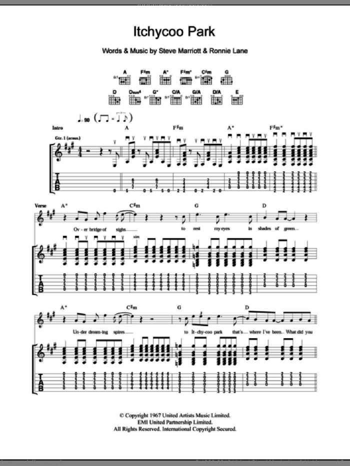 Itchycoo Park sheet music for guitar (tablature) by The Small Faces, Ronnie Lane and Steve Marriott, intermediate skill level