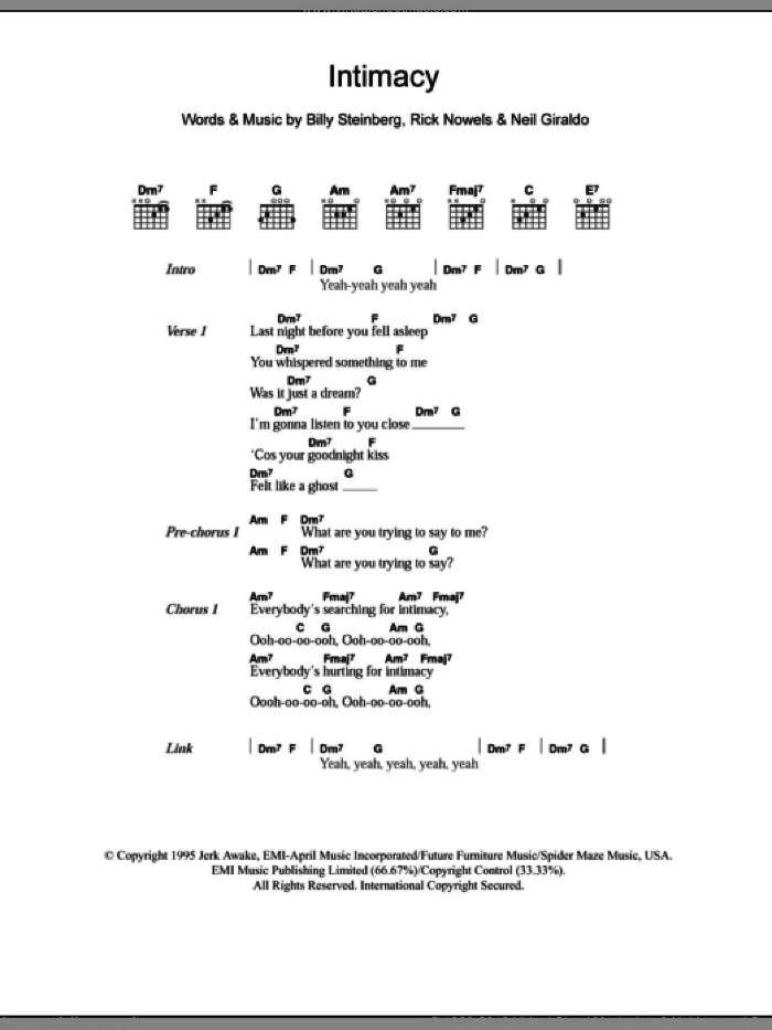 Intimacy sheet music for guitar (chords) by The Corrs, Billy Steinberg, Neil Giraldo and Rick Nowels, intermediate skill level