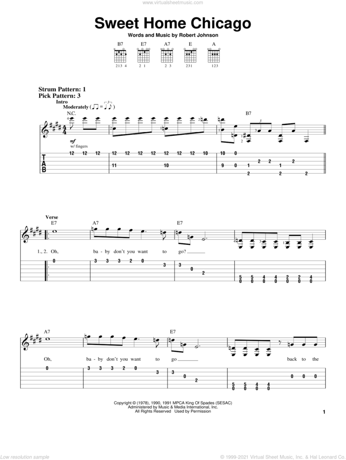Sweet Home Chicago sheet music for guitar solo (easy tablature) by Robert Johnson and Blues Brothers, easy guitar (easy tablature)