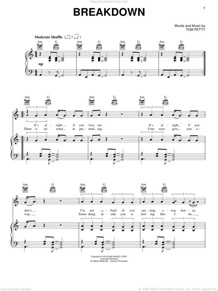 Breakdown sheet music for voice, piano or guitar by Tom Petty And The Heartbreakers and Tom Petty, intermediate skill level