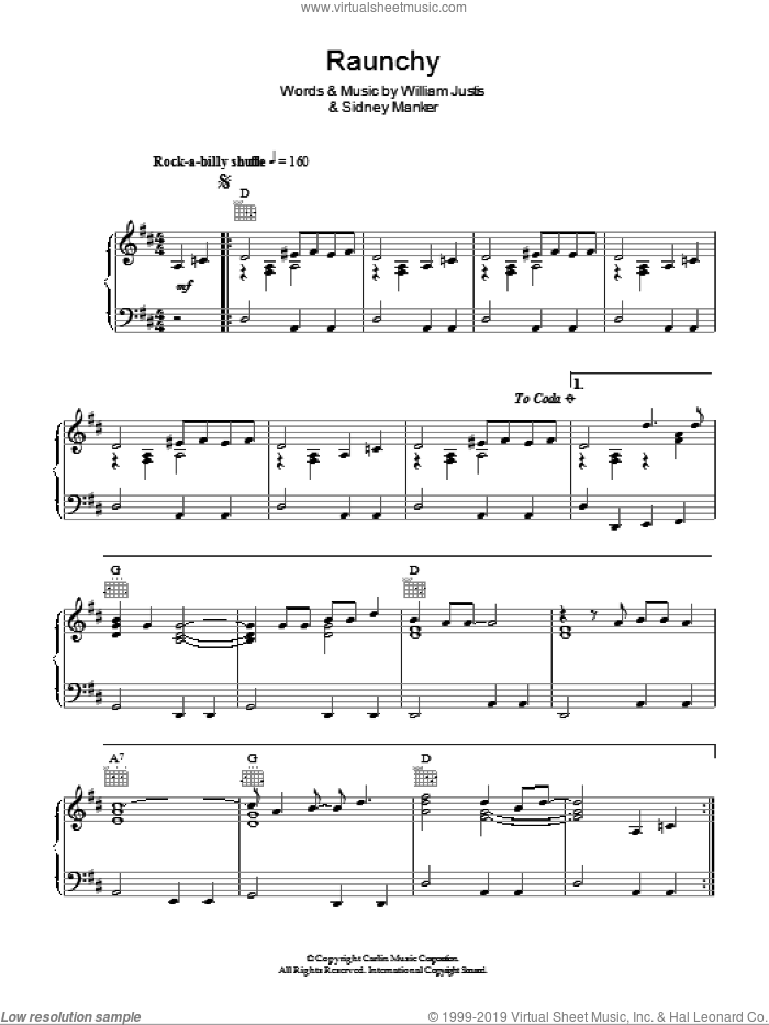 Raunchy sheet music for piano solo by William Justis and Sidney Manker, intermediate skill level