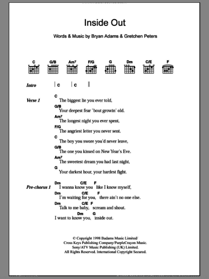 Inside Out sheet music for guitar (chords) by Bryan Adams and Gretchen Peters, intermediate skill level