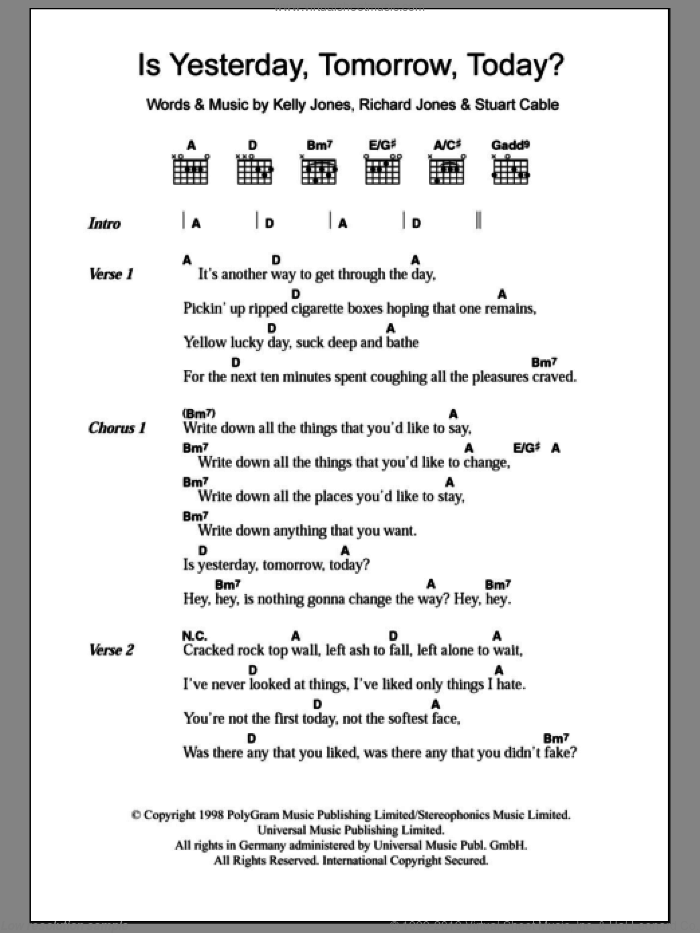 Is Yesterday, Tomorrow, Today? sheet music for guitar (chords) by Stereophonics, Kelly Jones, Richard Jones and Stuart Cable, intermediate skill level