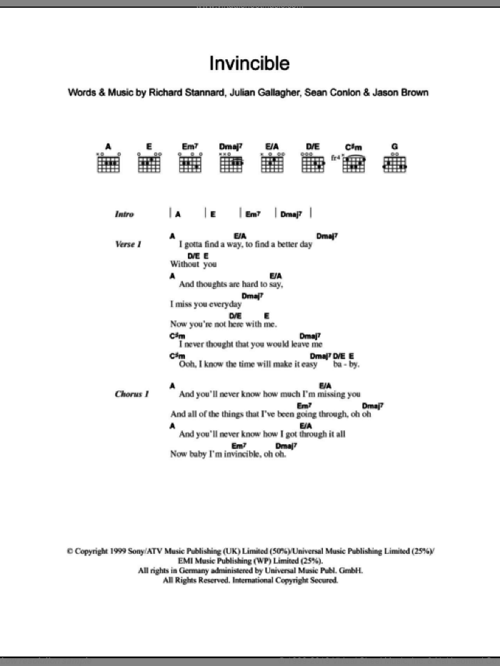 Invincible sheet music for guitar (chords) by Ben Folds Five, Jason Brown, Julian Gallagher, Richard Stannard and Sean Conlon, intermediate skill level