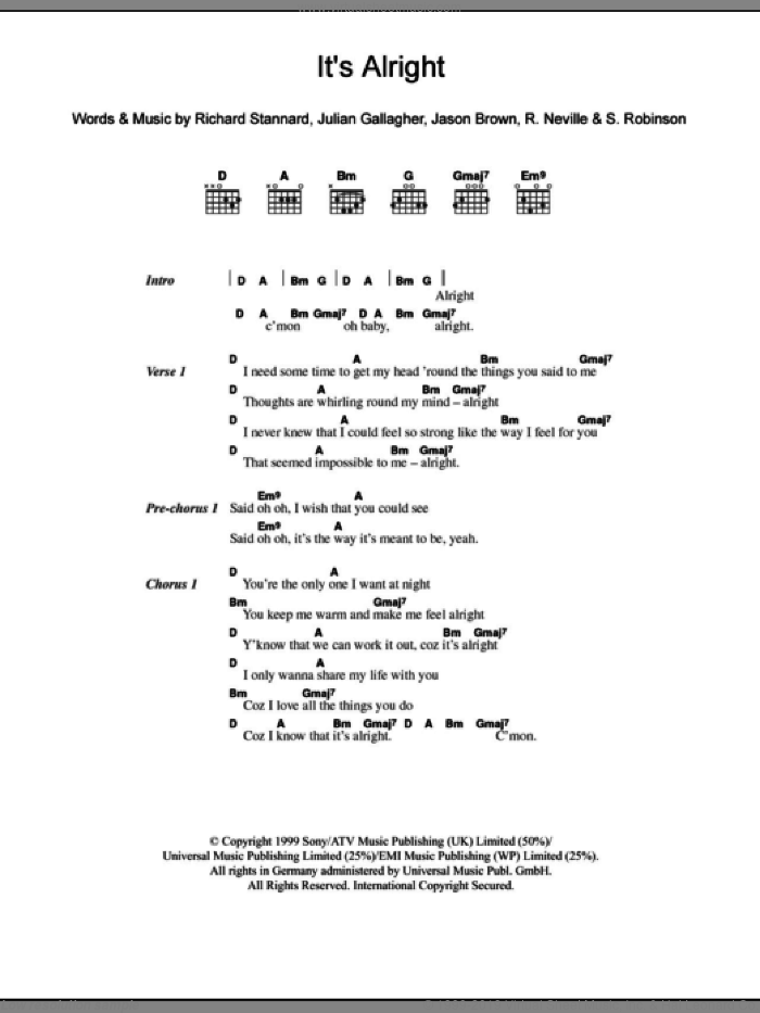 It's Alright sheet music for guitar (chords) by Ben Folds Five, Jason Brown, Julian Gallagher, R. Neville, Richard Stannard and Sylvia Robinson, intermediate skill level