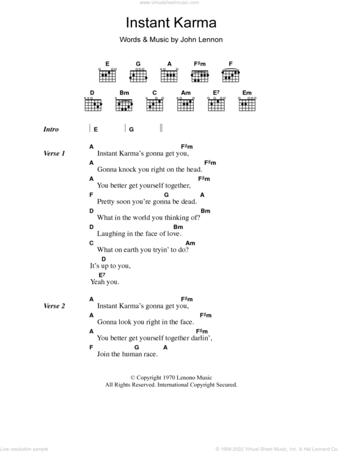 Instant Karma sheet music for guitar (chords) by John Lennon, intermediate skill level