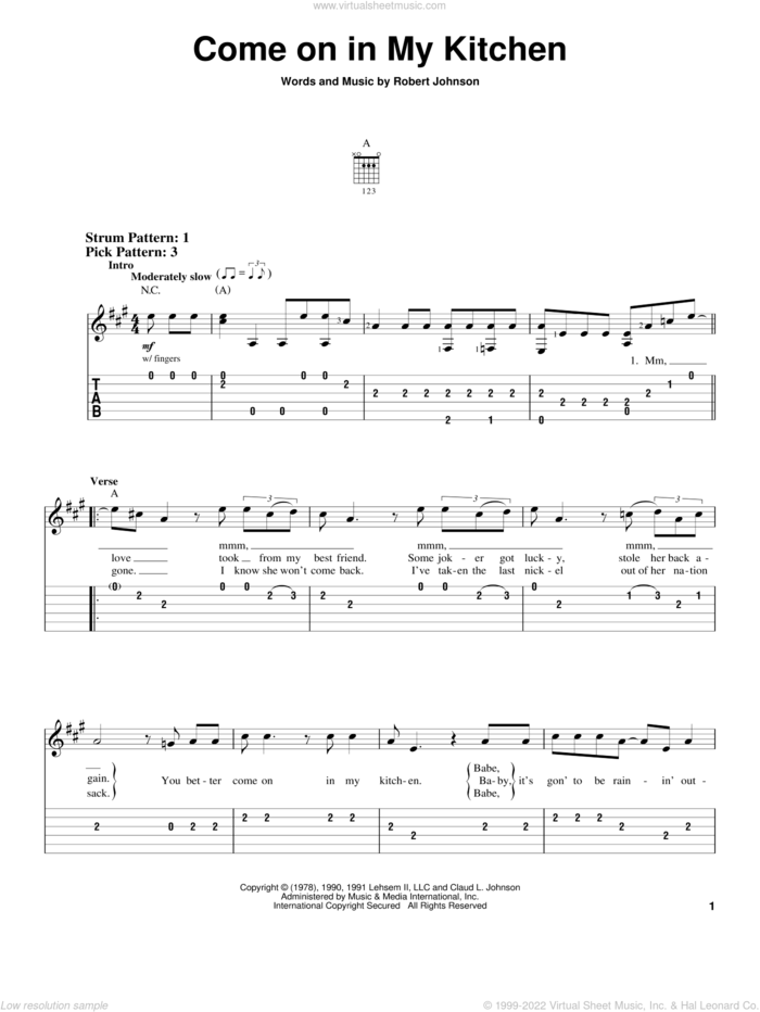 Come On In My Kitchen sheet music for guitar solo (easy tablature) by Robert Johnson, easy guitar (easy tablature)
