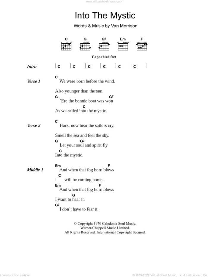 Into The Mystic sheet music for guitar (chords) by Van Morrison, intermediate skill level
