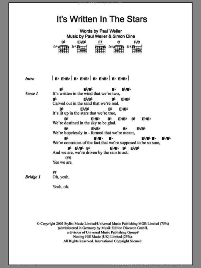 It's Written In The Stars sheet music for guitar (chords) by Paul Weller and Simon Dine, intermediate skill level