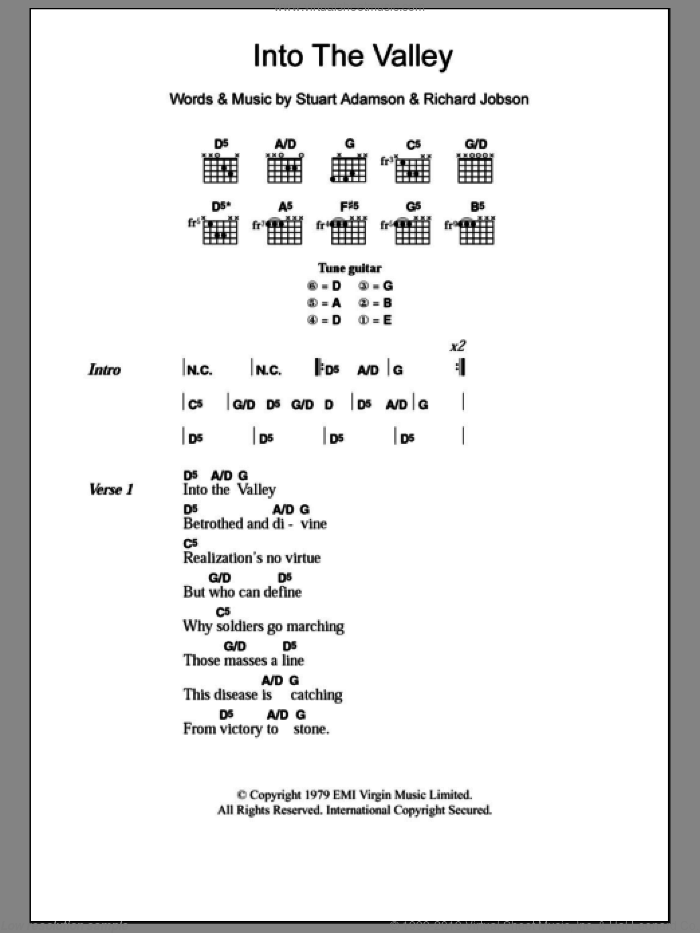 Into The Valley sheet music for guitar (chords) by The Skids, Richard Jobson and Stuart Adamson, intermediate skill level