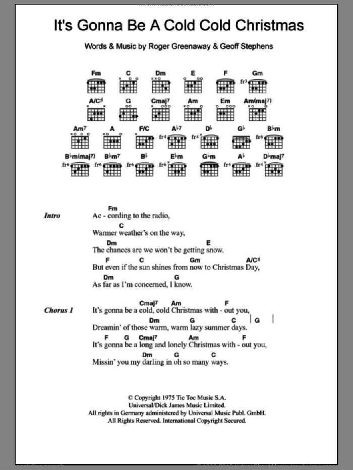 It's Gonna Be A Cold Cold Christmas sheet music for guitar (chords) by Dana, Geoff Stephens and Roger Greenaway, intermediate skill level