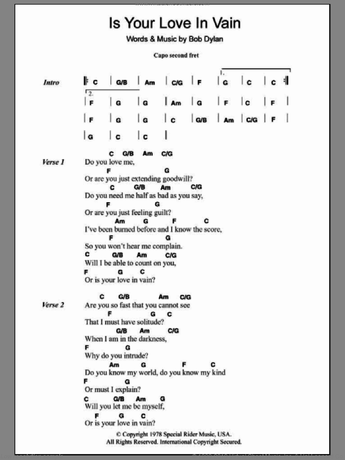 Is Your Love In Vain sheet music for guitar (chords) by Bob Dylan, intermediate skill level